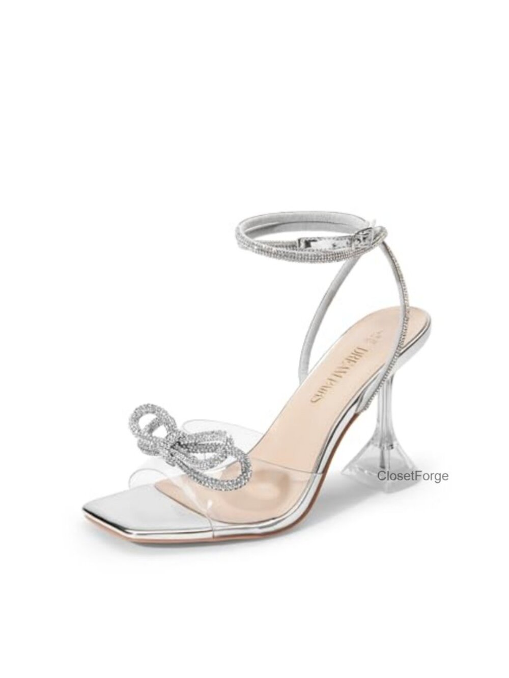 DREAM PAIRS Strappy Rhinestone Square Toe Clear Block Heel Sandals Wedding Party